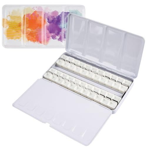 Framendino, Colorful Metal Watercolor Palette with Lid Fold Out Large Tin Tray with 52 Empty Half Pans for Painting Sketching - color: Colorful