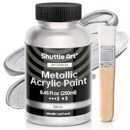 Shuttle Art Metallic Sliver Acrylic Paint, 8.45 oz (250 ml) Silver Leaf Paint With Brush, Non Toxic, Non Fading Silver Paint for Crafts, Metal, Wood, Clay, Ceramic, Canvas, Furniture - color: Silver, size: 8.45 Fl Oz (Pack of 1)