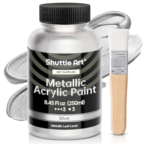 Shuttle Art Metallic Sliver Acrylic Paint, 8.45 oz (250 ml) Silver Leaf Paint With Brush, Non Toxic, Non Fading Silver Paint for Crafts, Metal, Wood, Clay, Ceramic, Canvas, Furniture - color: Silver, size: 8.45 Fl Oz (Pack of 1)