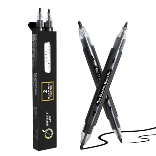 Pinturale Arts Black Acrylic Paint Pen | Set 2 Black Acrylic Paint Marker Dual Tip (Fine 0,7mm and Medium 3mm) | For Ceramics, Rock Painting, Glass, Wood, Canvas, Metal - color: Black
