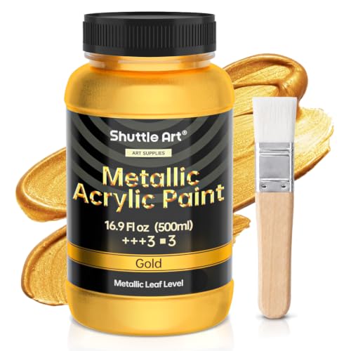 Shuttle Art Metallic Gold Acrylic Paint, 16.9 oz(500 ml) Large Gold Leaf Paint With Brush, Non Toxic, Non Fading Gold Paint for Crafts, Metal, Wood, Clay, Ceramic, Canvas, Furniture - color: Gold, size: 16.9 Fl Oz (Pack of 1)