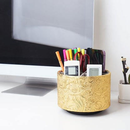 Round Leather Art Supply Organizer,Remote Control Holder,360 Degree Spinning,Multi-Functional Pencil Holder,4 Compartments Desktop Stationary Organizer(1-Carved Gold) - color: 1-Carved Gold