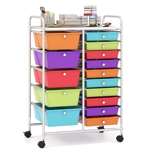 Giantex 15-Drawer Organizer Cart Office School Storage Cart Rolling Drawer Cart for Tools, Scrapbook, Paper (Multicolor) - color: Red+Orange+Green+Blue+Purple, size: 15 Drawer-25"x14.5"x34.5"