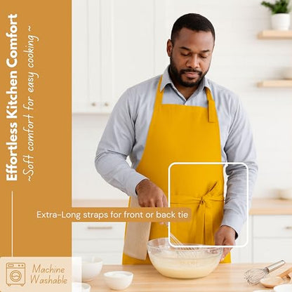 Native Fab Kitchen Apron 2 Pack - 100% Cotton Adjustable, Durable Apron with Pockets, Perfect for Cooking, Baking, Grilling - color: Mustard Yellow