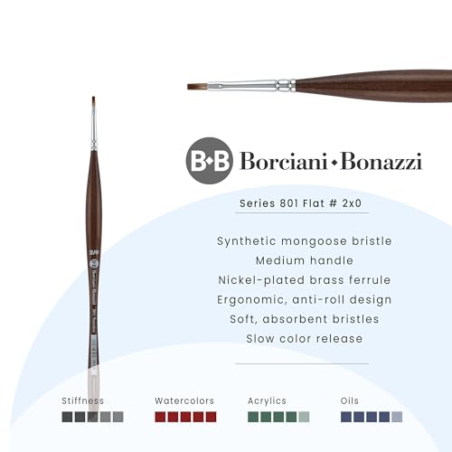 Borciani e Bonazzi Unico Synthetic Mongoose Artist Paint Brush - Series 801 Flat - Size #2x0 - Watercolors, Oil & Acrylic Paint - Handcrafted in Italy, Anti-Roll Design, Ergonomic Medium Handle - size: 2x0