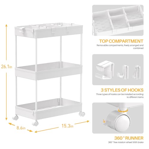 SPACELEAD 3 Tier Rolling Cart with Wheels, Storage Craft Art Trolley Organizer Serving, 3 Hanging Baskets Easy Assembly, for Office, Bathroom，Living Room, Kitchen, White - color: White
