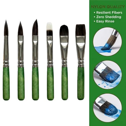Short Handle Watercolor Brush Set,6-Piece Professional Paint Brushes for Detail Acrylic Painting,Synthetic Squirrel Travel Art Paintbrushes – Round,Dagger,Liner,Cat’s Tongue,Texture,Flat - color: Green