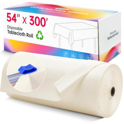 Plastic Table Cloth, 54In x 300Ft Plastic Table Cloth Disposable | Disposable Tablecloth, Slide Cutter, Rectangle Round Tables, Party Tablecloths for Birthday, Wedding, Picnic (Creamy White) - color: Creamy White, size: 54" x 3600" (Rectangular)