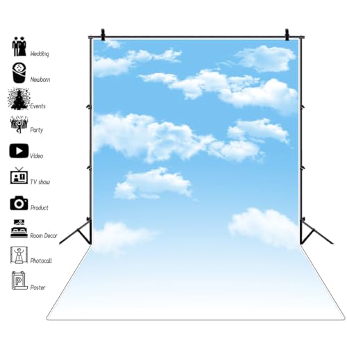 5x7ft Blue Sky and White Clouds Backdrop for Photography Vinyl Material | Clear Sky Photo Background Banner Airplane Theme Baby Newborn Birthday Cake Table Party Decorations Kid Portrait Studio Props - size: 5x7ft