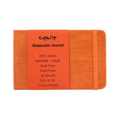 CuppaClip Leather Watercolor Journal, 300gsm/140lb 100% Cotton Cold Press Water ColorPaper, 20 Sheets Acid-Free Watercolor Sketchbook Art Notebook for Painting, Drawing, Travel (Orange, 5.8x3.7in) - color: Orange, size: 5.8x3.7in