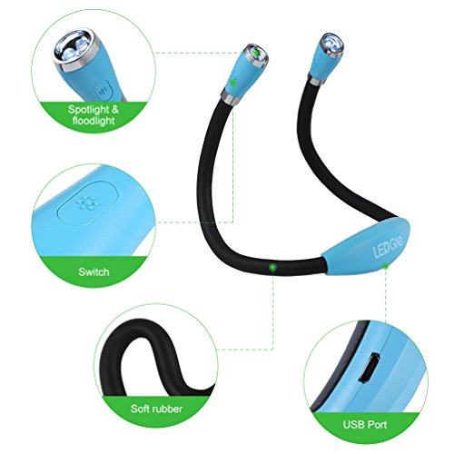 LEDGLE Neck Reading Light Rechargeable Neck Flashlights for Knitting, 4 LED Bulbs + 3 Adjustable Brightness + Flexible Soft Silicone Arms | Hands Free Flashlight for Reading Crocheting Repairing - color: Sky Blue