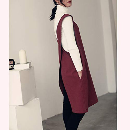 Cotton Linen Japanese Apron Halter Cross Back Bandage X Shape Aprons Two Pockets - color: Dark Red