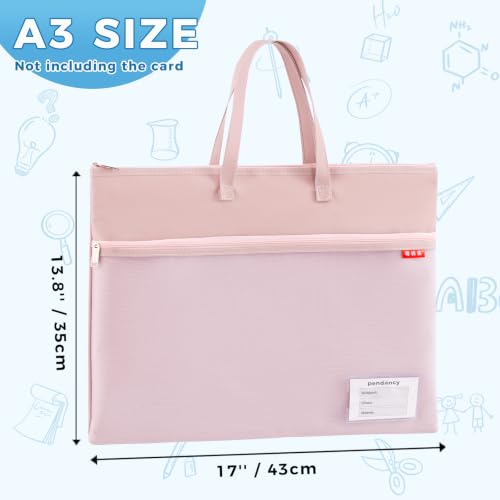 Pendancy A3 Mesh Zipper Pouch, Extra Large File Bag with Handle, Muted Pink | 13 x 17 in Extra Large Foldable Organizer with 2 Compartments, Clear Mesh Front and Name Label for Files and Cross Stitch - color: Dark Pink, style: DIY Label Type A3 Size(13x17
