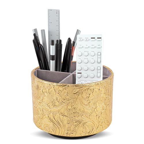 Round Leather Art Supply Organizer,Remote Control Holder,360 Degree Spinning,Multi-Functional Pencil Holder,4 Compartments Desktop Stationary Organizer(1-Carved Gold) - color: 1-Carved Gold
