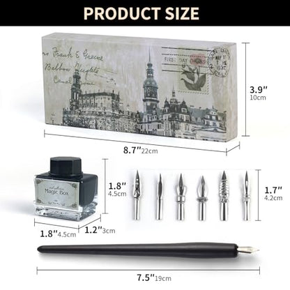 FEATTY Dip Pen for Drawing with ink - Antique Wooden Calligraphy Kits for beginners with 6 Replaceable Nibs
