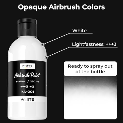 Nicpro White Large Airbrush Paint 8.45oz Ready to Spray Opaque Water-Based | Acrylic Air Brush Paints for Model, Wood, Canvas, Metal, Plastic, Leather, for Beginners & Artists - color: White