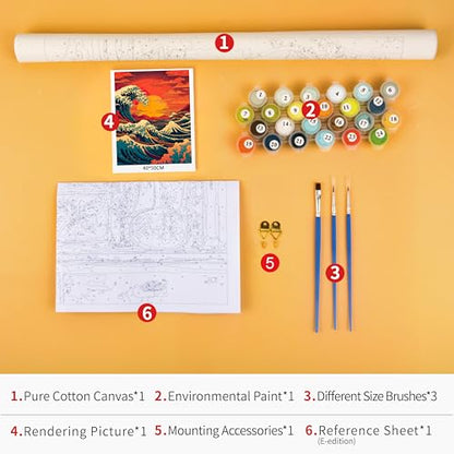 TUMOVO Japan Landscape Adult Paint by Number Kit Big Waves | Japan big waves 16x20 inch canvas art kit, relaxing offline hobby with acrylic paints, 3 brushes and easy numbered guide. - color: Wave