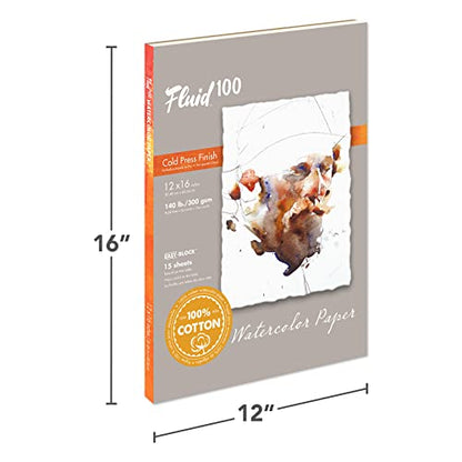 Fluid 100 Watercolor Paper Block, 12 x 16 inches, 15 Sheets, 140 lb (300 GSM) 100% Cotton Cold Press Pad for Artist Painting and Wet Media - size: 12 x 16 (140 lb)