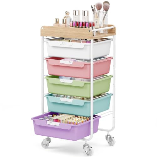SYKIARIOL Utility Cart with 5 Labeling Drawers and Wooden Tabletop - color: Ice Cream, size: 5-Drawer