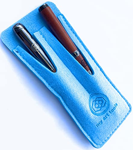 Travel Watercolor Brushes for Quick Sketch - Fude Nib Pen for Drawing - Professional paintbrushes with Light Blue Felt Sleeve - color: Dark Wood Travel Watercolor Brushes and Fude Pen in Light Blue Felt Sleeve