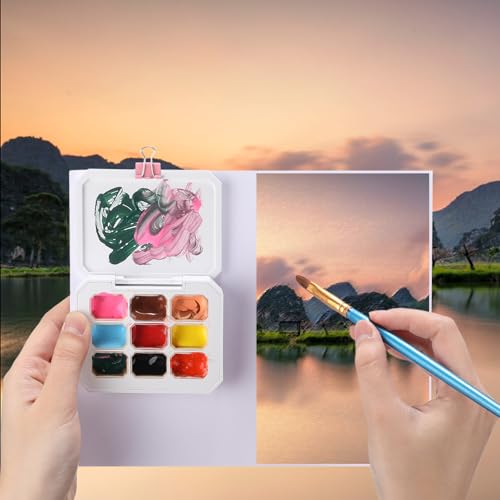 Watersay 1 Pcs Mini Watercolor Palette Removable Empty Palette with Magnetic Lid Travel Half Pans Watercolor Tin for Painting Acrylic Paint Container for Adults, Beginner, Artists, 9 Colors