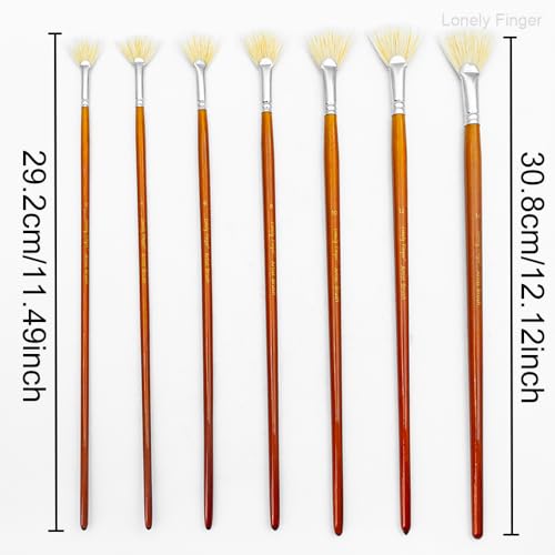 Artist Fan Paint Brushes Set, 7 Pieces White Hog Bristle Natural Hair Anti-Shedding Brush Tips and Long Wood Handle, Professional Artist Fan Brushes for Acrylic Oil Painting