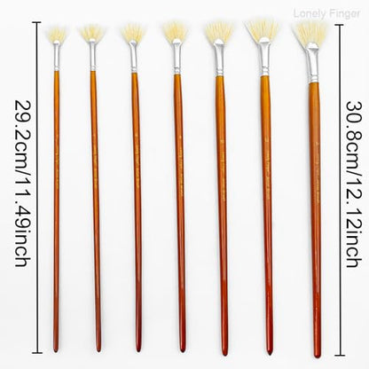 Artist Fan Paint Brushes Set, 7 Pieces White Hog Bristle Natural Hair Anti-Shedding Brush Tips and Long Wood Handle, Professional Artist Fan Brushes for Acrylic Oil Painting