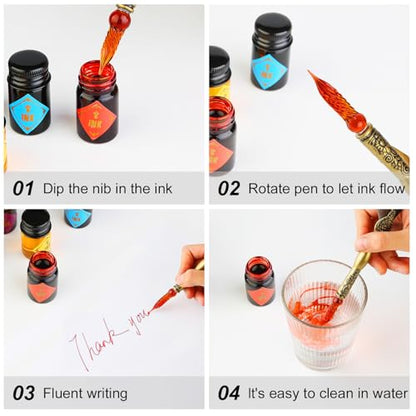 Feather Glass Dip Pen and Ink Set, Glass Calligraphy Pen with 5 Colors Ink and Pen Holder for Writing Drawing– MU-21