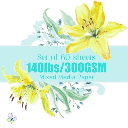 Mixed Media Paper 60 Sheets, 9 X 12 Inches 140 LB/300 GSM Heavyweight Cotton Paper Smooth/Medium Rough Texture Art Paper for Watercolor, Gouache, Marker, Painting, Drawing, Sketching