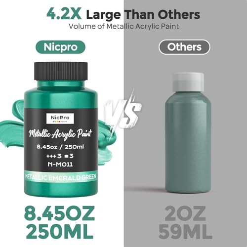 Nicpro Metallic Emerald Green Acrylic Paint, 8.45oz/250ml Craft Paints | Large, Non Toxic, Non Fading Pearlescent Paint for Metal, Wood, Clay, Canvas, Ceramic, Furniture, Handcrafts, Art Supplies - color: Metallic Emerald Green, size: 8.45 Fl Oz (Pack of