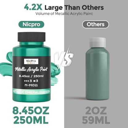 Nicpro Metallic Emerald Green Acrylic Paint, 8.45oz/250ml Craft Paints | Large, Non Toxic, Non Fading Pearlescent Paint for Metal, Wood, Clay, Canvas, Ceramic, Furniture, Handcrafts, Art Supplies - color: Metallic Emerald Green, size: 8.45 Fl Oz (Pack of