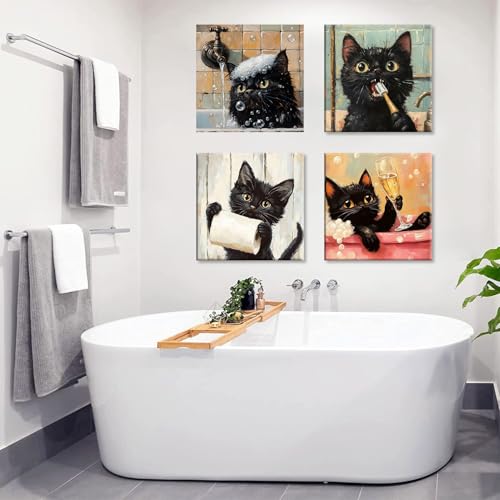 Clendo 4 Pack Black Cat Paint by Numbers Kit for Adults with Frame - Animals in Bathtub Adult Paint by Number Kit DIY Oil Painting Kits for Home Wall Decor 8x8 Inch - color: 4P-BKH2099-BKH2102