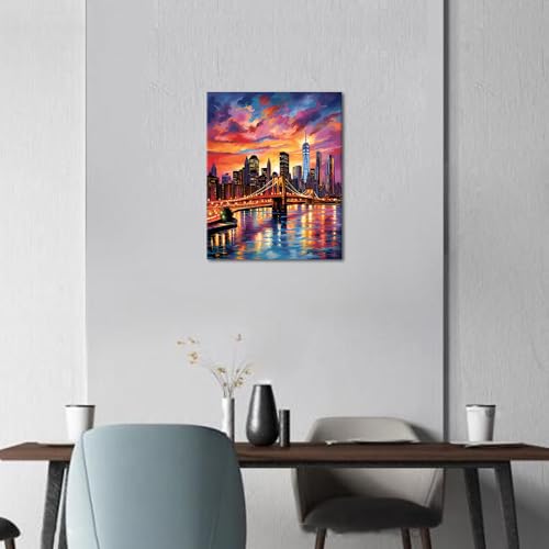 TUMOVO Paint by Numbers for Adults Colorful Cityscape Adults' Paint by Number Kits Brooklyn Bridge Sunset Landscape Art Painting Kits with Brushes Oil Painting Art Crafts Framed 16x20 in - color: Artwork-08-F