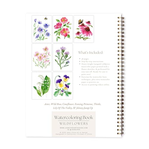 Wildflower Watercolor Workbook with Real Cold Press Cotton Watercolor Paper, Pre-Outlined Designs, Step-by-Step Instructions & Online Videos – Premium Botanical Art Book for Adults & Beginners - style: Wildflower