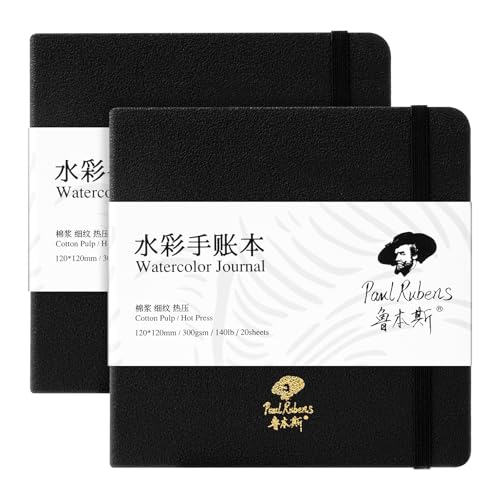 Paul Rubens Square Watercolor Journal 2 Pack 40 Sheets, 100% Cotton Acid-Free Hot Press Watercolor Sketchbook 4.72 * 4.72 Inches, 140lb/300gsm for Watercolors, Gouache, Acrylics - size: 2 Pack*4.7*4.7 inches
