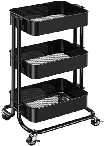 Pipishell 3 Tier Metal Rolling Utility Cart with 2 Lockable Wheels, Black | 360° Rotating Wheel, Heavy-Duty Steel, Sturdy Dual Columns, Ventilated Mesh, Hold 22 lbs per Shelf, for Kitchen & Dining Room - color: Black, size: 3 Tier