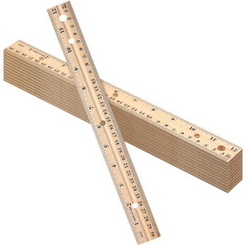 12 Pack Wood Rulers Dual Scale Student Ruler 12 Inch/30 cm | Wooden Measuring Ruler 4 Hole, 12 Inch Ruler Bulk for School Office, Classroom Drafting Supplies, 2 Scale Straight Metal Edge