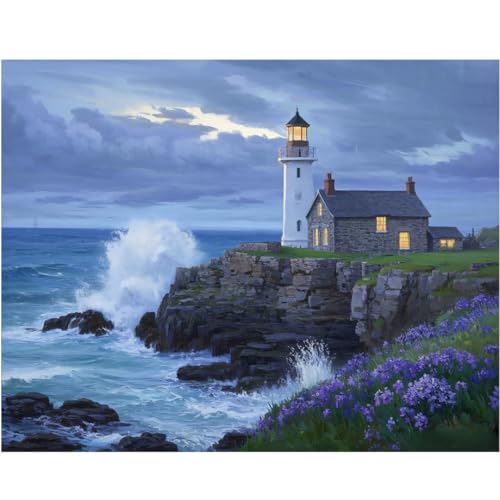 AECIY Seaside Paint by Numbers for Adults Beginners Lighthouse DIY Paint by Numbers Kits Beach Acrylic Painting Home Decor House Art Lighthouse DIY Canvas Painting by Numbers Beach Painting 20x16In - color: P0005