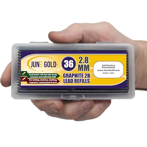 June Gold 2.8 mm, 36 Lead Refills, 2B, 120 mm Length, 1 Carrying Case | Long Reach / Deep Hole / Long Nose, Extra Bold Thickness, Break Resistant Graphite, Sturdy Reusable Case - color: 2b Graphite, style: 2.8 mm