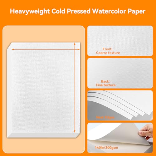 XWT 21 Sheets 9"x12" Watercolor Paper, 140lb/300gsm | Cold Pressed Acid Free Natural White Textured Water Color Painting Art Supplies, Drawing Gift for Professional Adult Artists - size: 9x12in 21 Sheets
