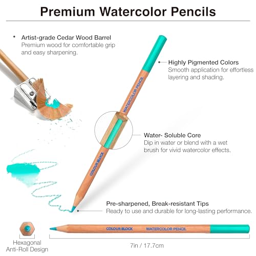COLOUR BLOCK 24PC Premium Cedar Wood Watercolor Pencil Set with I Ideal pencil kit for Drawing, Sketching, Coloring and Painting travel watercolor pencils