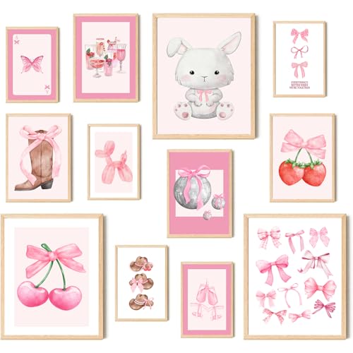 Aroutde 12Pcs Pink Coquette Canvas Wall Art Preppy Nursery Room Decor | Aesthetic Pink Bow Ties Cherry Prints Baby Girls Wall Decor for Toddler Kids Playroom College Apartment (Unframed) - color: Pink