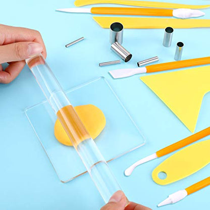 Honoson 23 Pcs Clay Sculpting Tools Set with Roller Cutters,Yellow | Acrylic Mat, Metal Round Cutters, Scraper Board, Ideal for Polymer Clay Crafts, Art Sculpting, Shaping and Modeling Projects - color: Yellow