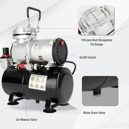 Timbertech Airbrush Compressor, High-performance Single-Piston Oil-free Mini Compressor AS186 with 3L Tank, Regulator, Moisture Trap for Hobby, Cake Decoration, Tattoo, Automotive Graphic, Make-up