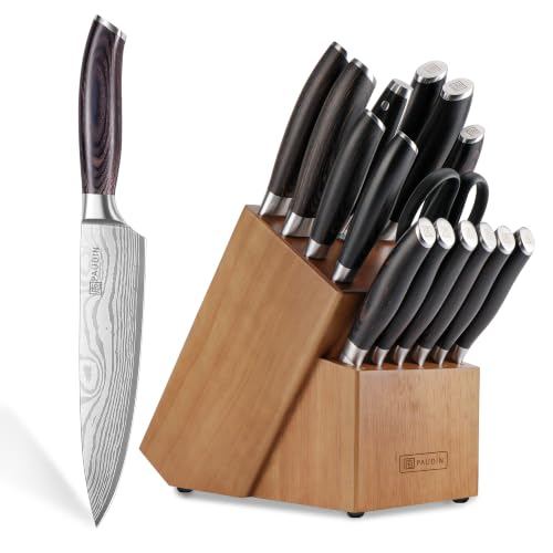 PAUDIN 17 PCS Kitchen Knife Set, Razor Sharp Knife Block Sets, Ideal Gifts - color: Brown, size: 17 PCS Knife Set