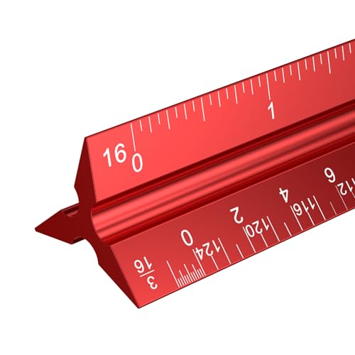 Rena Chris Architectural Scale Ruler: 12" Imperial Aluminum Alloy Metal Architecture Measuring Tools, Engineering Drafting Construction Drawing Blueprints Triangular Architect Scaling Rulers 12 Inches - color: Red