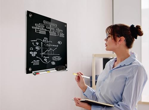 Real Glass Dry Erase Board, 18" x 24", Tempered Glass Surface, Frameless Wall Mount, with 4 Assorted Color Markers and Eraser, by Better Office Products (Jet Black) - color: Jet Black