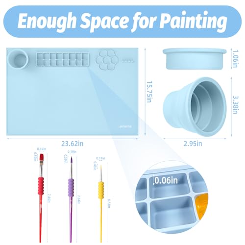 Silicone Painting Mat, 23.6x15.8in Art Craft Mat with Brushes | For watercolor resin clay DIY art use, waterproof table protection painting station with cup palette, 3 brushes, blue - color: Blue