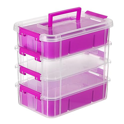 JUXYES 4-Tiers Plastic Stack Carry Storage Containers Box wih Handle Lids - color: Purple