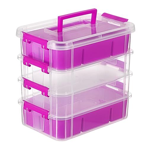 JUXYES 4-Tiers Plastic Stack Carry Storage Containers Box wih Handle Lids - color: Purple